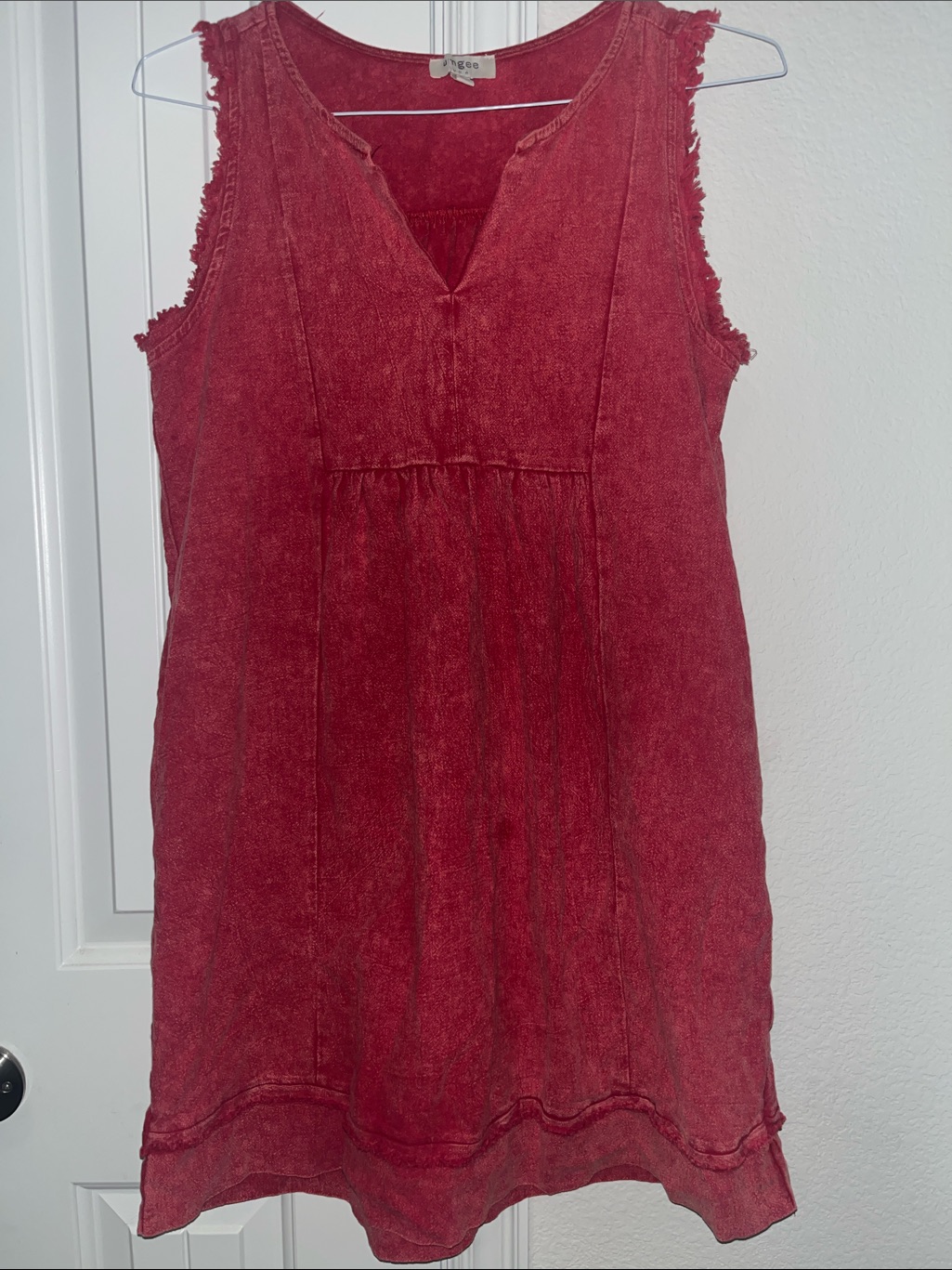 Red Distressed Sleeveless Dress With Raw Hem Detailing. Fits S/M